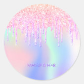 Holograpisches Einhorn Glitzer Tropfen Glam Make-u Runder Aufkleber (Vorderseite)
