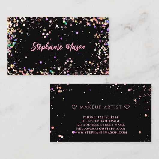 Hologrphe Glitzer Makeup Artist Business Black Telefonnummerkarte (Vorne/Hinten)