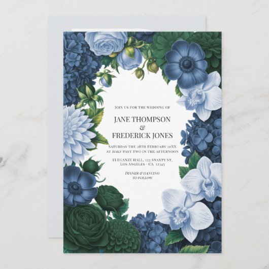 Holstein Blue, Silver Slate & Smoky Pine Wedding Einladung (Vorne/Hinten)