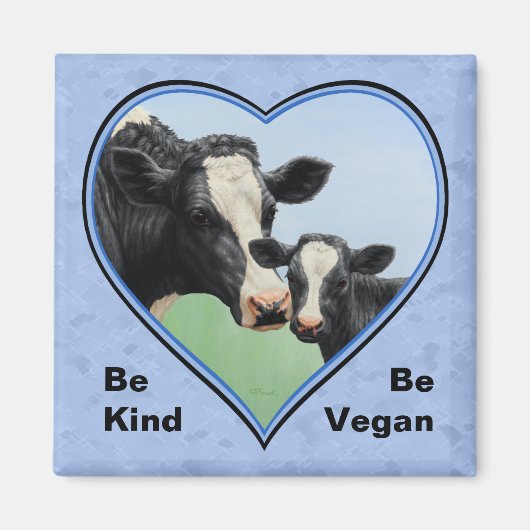 Holstein Cow & Calf Blue Herz Vegan Magnet (Vorne)