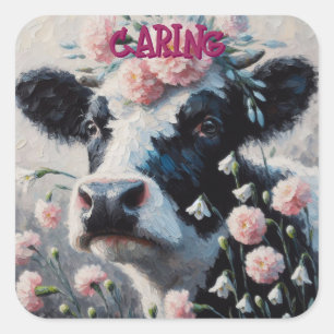 Holstein Cow in Pink Carnation Blume Farm Kühe Quadratischer Aufkleber