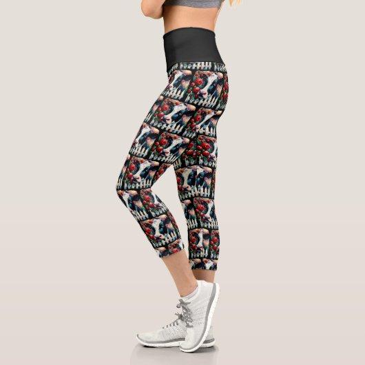 Holstein Cow Picket Fence Rote Rosen Black Red Capri Leggings (Links)