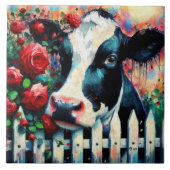 Holstein Cow Picket Fence Rote Rosen Black Red Fliese (Vorderseite)