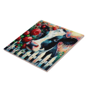 Holstein Cow Picket Fence Rote Rosen Black Red Fliese