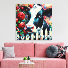 Holstein Cow Picket Fence Rote Rosen Black Red Leinwanddruck