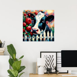 Holstein Cow Picket Fence Rote Rosen Black Red Poster