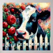 Holstein Cow Picket Fence Rote Rosen Black Red Poster (Vorne)