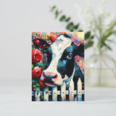 Holstein Cow Picket Fence Rote Rosen Black Red Postkarte (Stehend Vorderseite)
