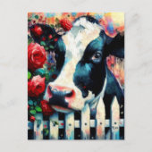 Holstein Cow Picket Fence Rote Rosen Black Red Postkarte (Vorderseite)