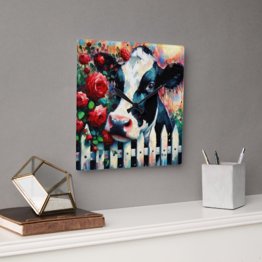 Holstein Cow Picket Fence Rote Rosen Black Red Quadratische Wanduhr (Büro)