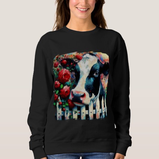 Holstein Cow Picket Fence Rote Rosen Black Red Sweatshirt (Vorderseite)