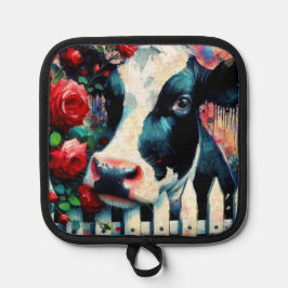 Holstein Cow Picket Fence Rote Rosen Black Red Topflappen