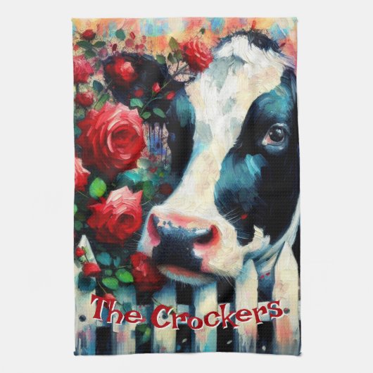 Holstein Cow Picket Fence Rote Rosen Personalisier Geschirrtuch (Vertikal)