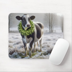 Holstein Cow Wear Holiday Wreath Mousepad