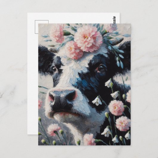 Holstein Kuh in Blume Bauernhof Malerei Postkarte (Vorne/Hinten)