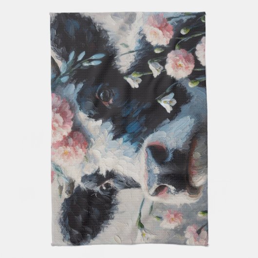 Holstein Kuh in rosa Nelken Malerei Geschirrtuch (Vertikal)