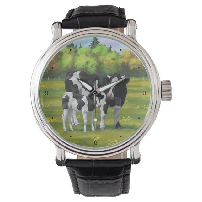 Holstein Kuh & Niedliches Kalb im Sommer Weide Armbanduhr (Vorderseite)