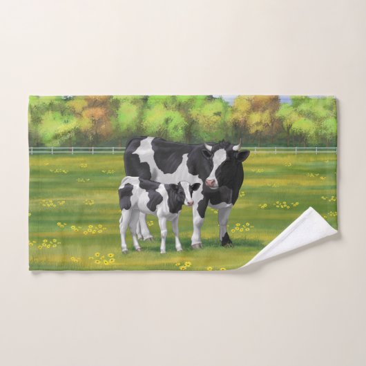 Holstein Kuh & Niedliches Kalb im Sommer Weide Badhandtuch Set (Handtuch)