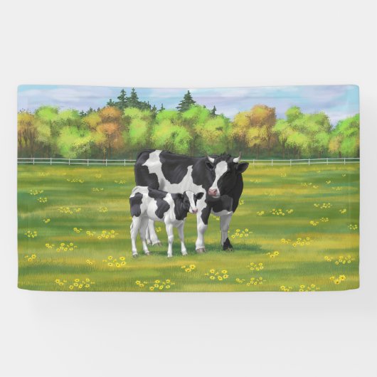 Holstein Kuh & Niedliches Kalb im Sommer Weide Banner (Horizontal)