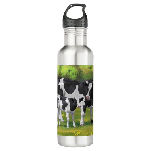 Holstein Kuh & Niedliches Kalb im Sommer Weide Edelstahlflasche (Vorderseite)