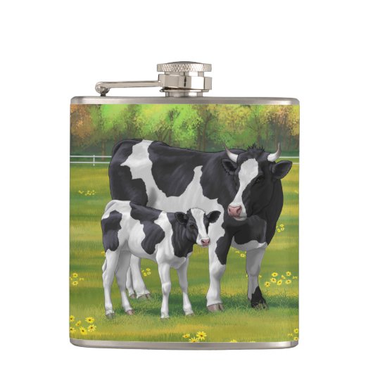 Holstein Kuh & Niedliches Kalb im Sommer Weide Flachmann (Vorderseite)