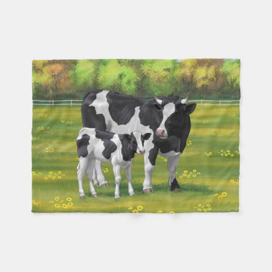 Holstein Kuh & Niedliches Kalb im Sommer Weide Fleecedecke (Vorderseite (Horizontal))