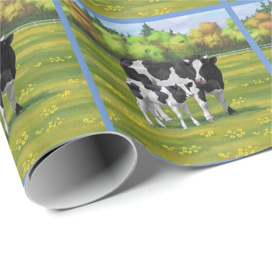 Holstein Kuh & Niedliches Kalb im Sommer Weide Geschenkpapier (Rolleneckpunkt)
