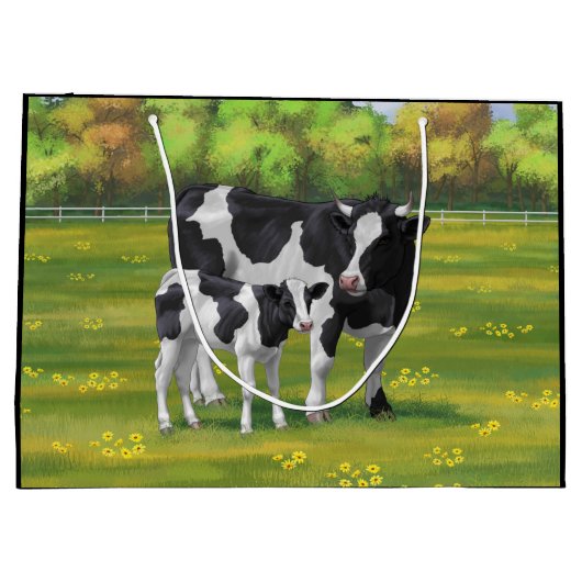 Holstein Kuh & Niedliches Kalb im Sommer Weide Große Geschenktüte (Rückseite)