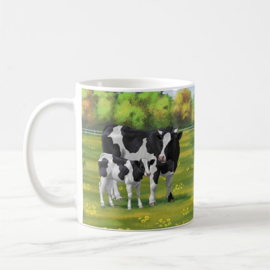 Holstein Kuh & Niedliches Kalb im Sommer Weide Kaffeetasse (Links)