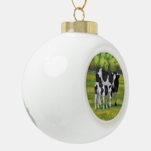 Holstein Kuh & Niedliches Kalb im Sommer Weide Keramik Kugel-Ornament (Links)