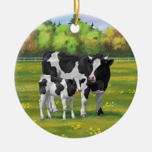 Holstein Kuh & Niedliches Kalb im Sommer Weide Keramik Ornament (Vorne)