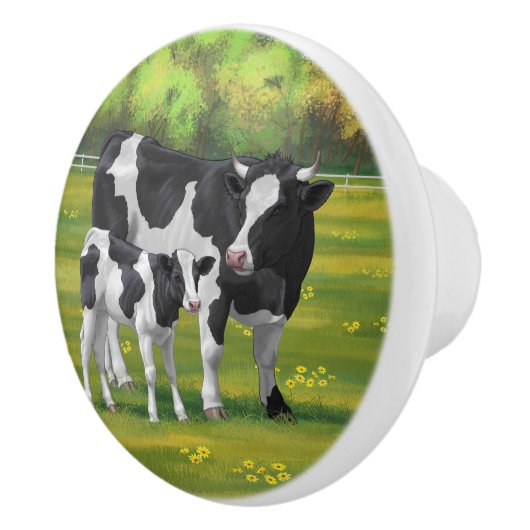 Holstein Kuh & Niedliches Kalb im Sommer Weide Keramikknauf (Rechts)