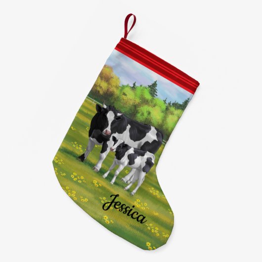 Holstein Kuh & Niedliches Kalb im Sommer Weide Kleiner Weihnachtsstrumpf (Vorderansicht (hängend))