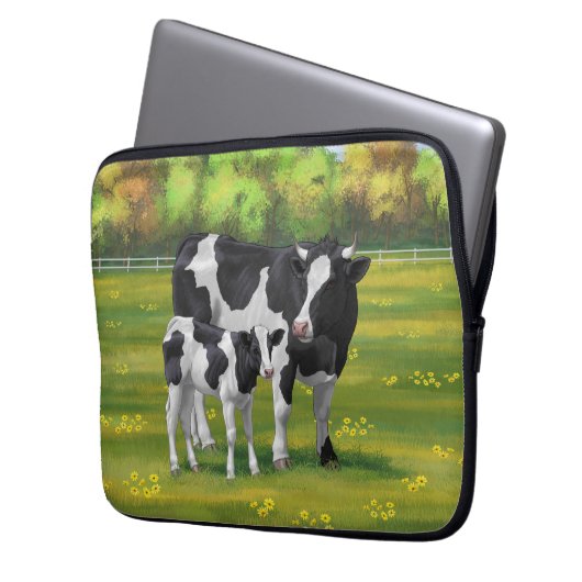 Holstein Kuh & Niedliches Kalb im Sommer Weide Laptopschutzhülle (Vorderseite Links)