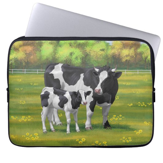 Holstein Kuh & Niedliches Kalb im Sommer Weide Laptopschutzhülle (Vorderseite)