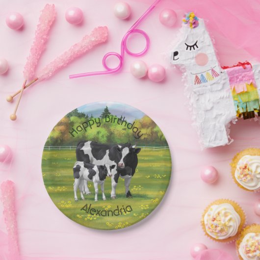 Holstein Kuh & Niedliches Kalb im Sommer Weide Pappteller (Party)