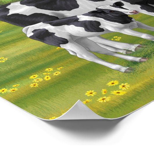 Holstein Kuh & Niedliches Kalb im Sommer Weide Poster (Ecke)