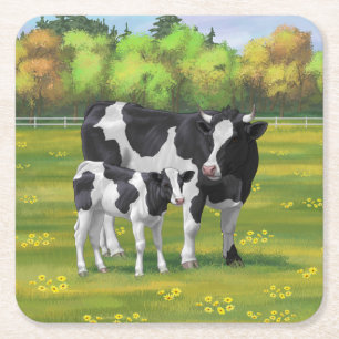 Holstein Kuh & Niedliches Kalb im Sommer Weide Rechteckiger Pappuntersetzer
