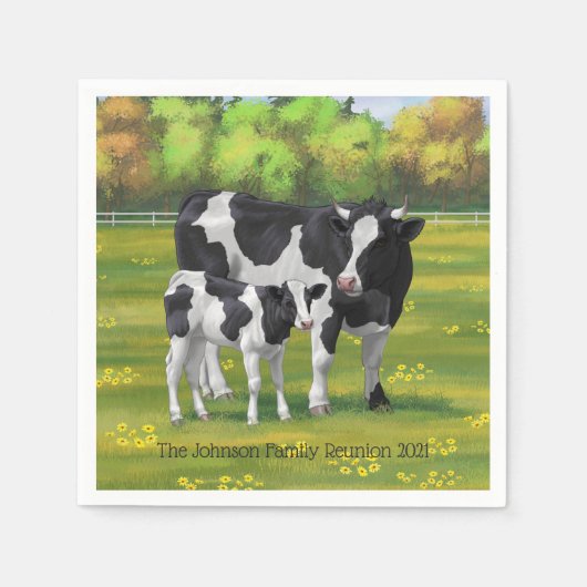 Holstein Kuh & Niedliches Kalb im Sommer Weide Serviette (Vorderseite)