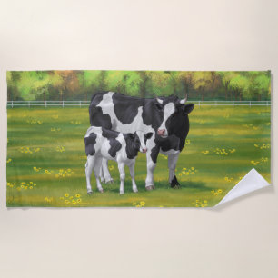 Holstein Kuh & Niedliches Kalb im Sommer Weide Strandtuch