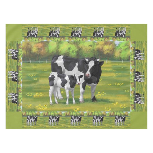 Holstein Kuh & Niedliches Kalb im Sommer Weide Tischdecke (Vorderseite (Horizontal))