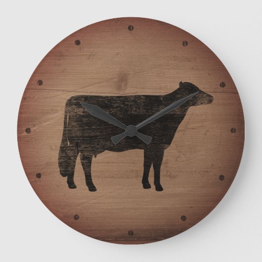 Holstein Kuh Silhouette Imitate gewittert Holz rus Große Wanduhr (Vorderseite)