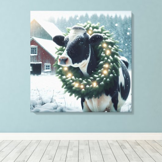 Holstein Kuh trägt einen Weihnachtsschrei Leinwanddruck (Insitu (Holzboden))