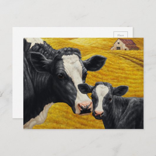 Holstein Kuh und Kalb mit Altem Holzstall Postkarte (Vorne/Hinten)