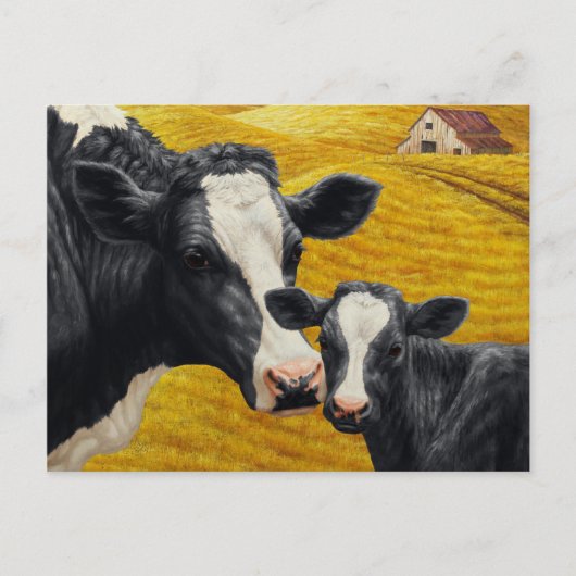 Holstein Kuh und Kalb mit Altem Holzstall Postkarte (Vorderseite)