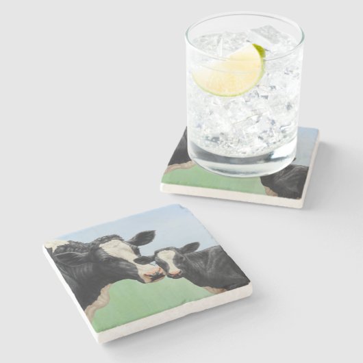 Holstein Kuh und Kalb Steinuntersetzer (Seitenansicht)