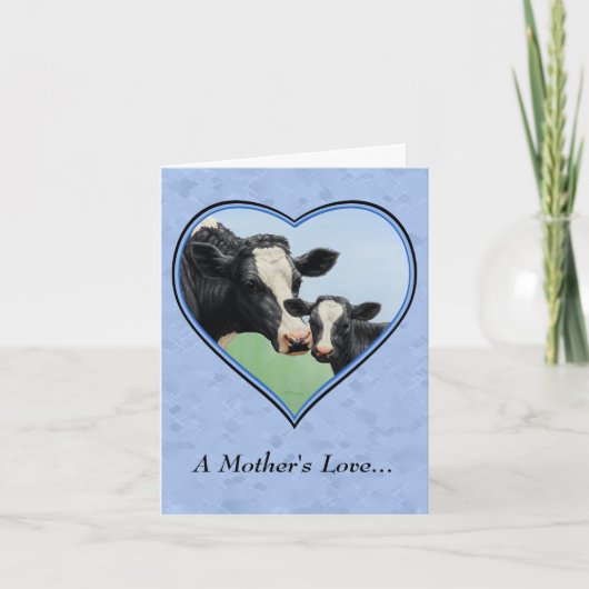 Holstein Kuh und Niedliches Kalb Blauer Herzschlag Karte (Vorderseite)