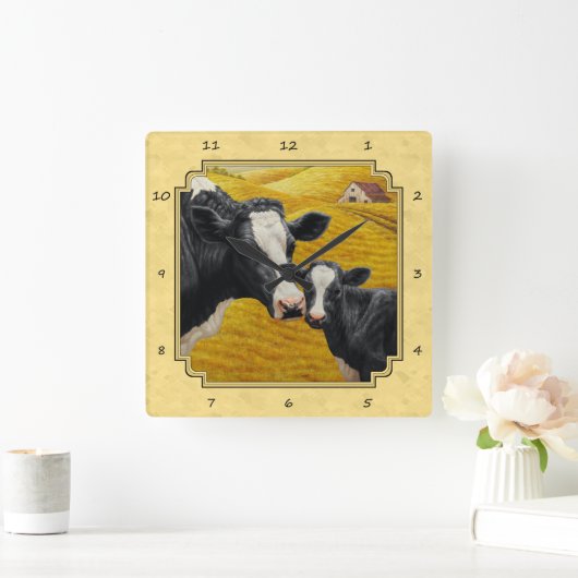 Holsteinkühe und Kalbfarm gelb Quadratische Wanduhr (Zuhause)