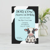 Holy Cow, blue, cow 1st Birthday Einladung (Stehend Vorderseite)