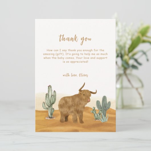 Holy Cow Boho Cactus Desert Baby Shower Dankeskarte (Stehend Vorderseite)